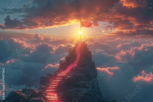 Glowing path leading to success concept with flag on peak of heaven