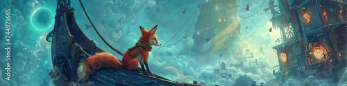 A fox in a historians submarine exploring a surreal museum filled with wormholes and odyssey sketches photo
