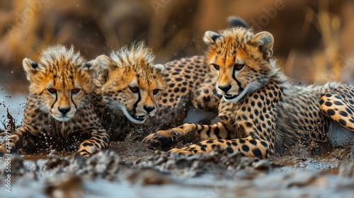 amusing scene of playful cheetah cubs rolling in the mud, highlighting their spotted coats and energetic playfulness