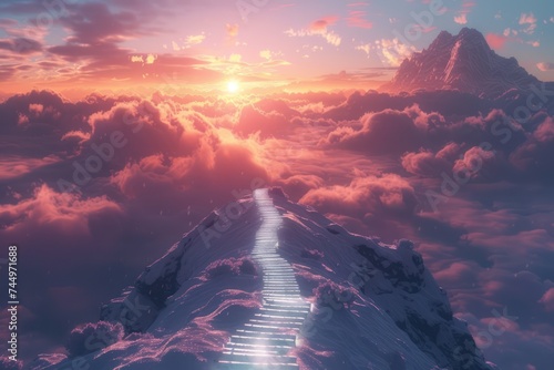 Glowing path leading to success concept with flag on peak of heaven