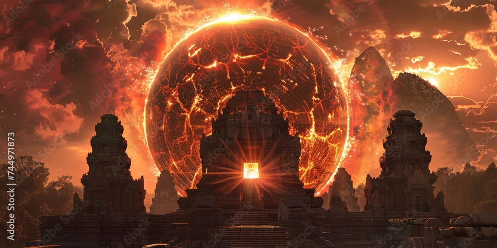 A plasma fire element in the shape of a ball illuminating an ancient temple with its fiery light A plasma fire element in the shape of a ball illuminating an ancient temple with its fiery light