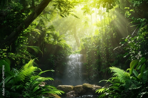 A hidden waterfall in a lush forest sunlight filtering through the canopy creating a mystical ambiance