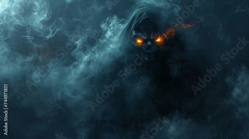 A mysterious djinn grim reaper emerging from smoke glowing eyes piercing through the darkness