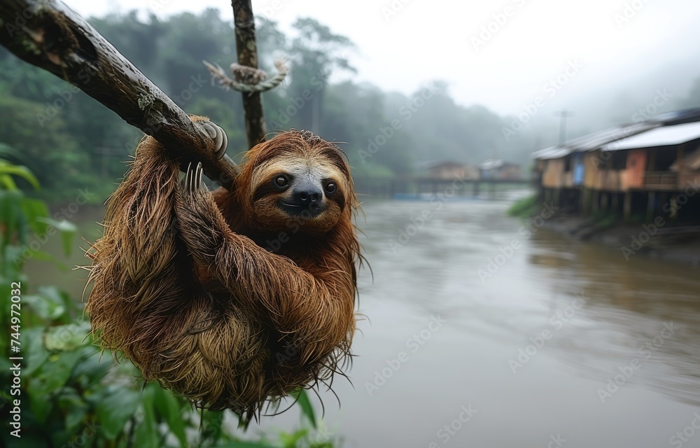 Obraz premium A sloth hanging from a branch overlooking a polluted river