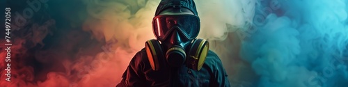 A toxicologist in a gas mask exploring a misty toxic cave with vibrant glowing smoke