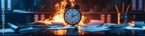 An office at midnight a single clock glowing as paper burns around it capturing the urgency of a nearing deadline