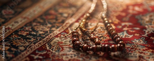 Artistically lit prayer beads and a prayer rug focus on Islamic artistry and symbolism peaceful and contemplative mood photo