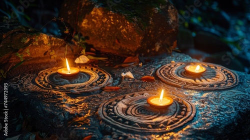 Ancient sacrificial symbols glowing on an altar during a mystical moonlit ceremony