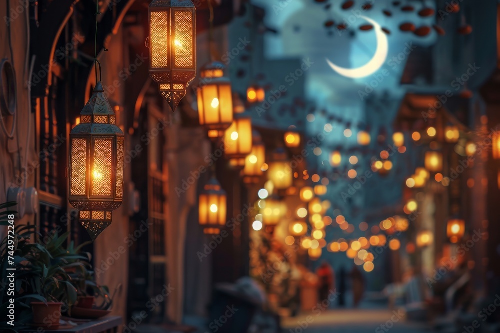 Traditional Ramadan lanterns illuminating a bustling old city street under a crescent moon warm ambient lighting
