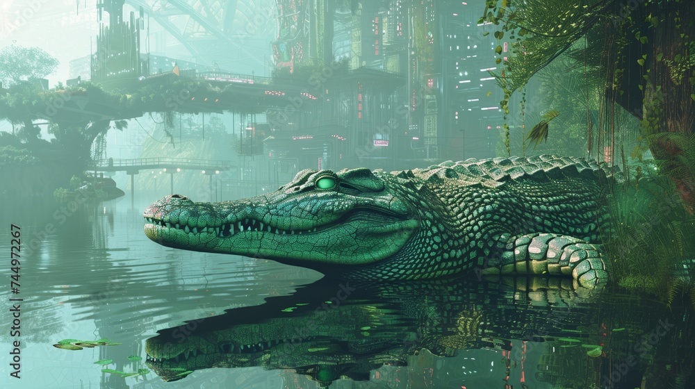 Futuristic cyberpunk crocodile patrolling a dystopian waterway laser eyes scanning blending nature with high tech - obrazy, fototapety, plakaty 