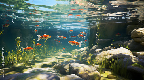 Display underwater stones with playfully swimming fish in a clear pond.