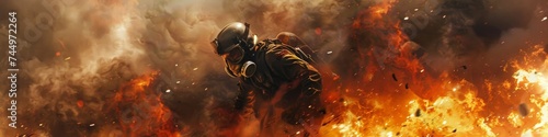 Firefighter with gas mask amidst a fiery explosion smoke and debris filling the air photo
