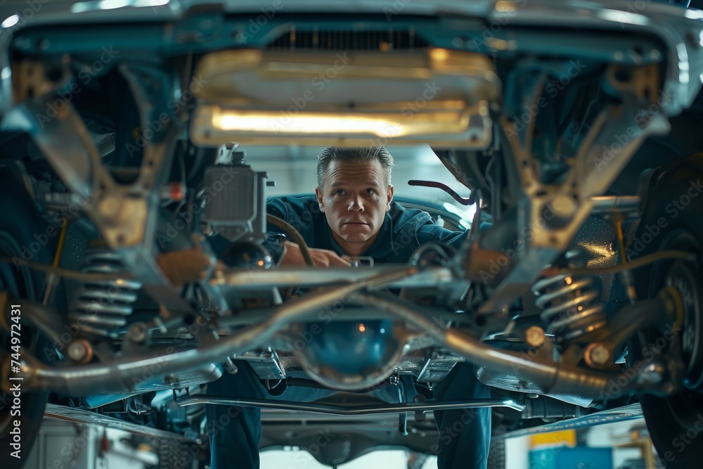 Focused mechanic analyzing a car's undercarriage, a portrayal of professionalism in automotive diagnostics and repair.
Focused mechanic analyzing a car's undercarriage, a portrayal of professionalism in automotive diagnostics and repair.