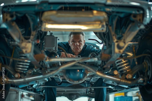Focused mechanic analyzing a car's undercarriage, a portrayal of professionalism in automotive diagnostics and repair.