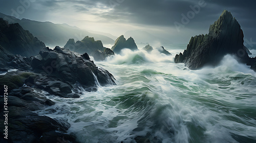 Find an image of rugged coastal rocks battered by ocean waves.