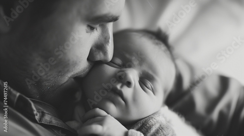 新生児を愛おしそうに抱きしめるお父さんがほっぺにキスをているモノクロ写真 photo