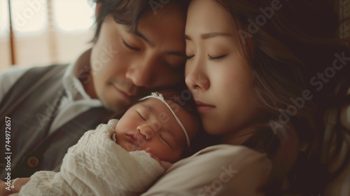 新生児を抱っこして目を閉じている日本の母と父のアップ写真