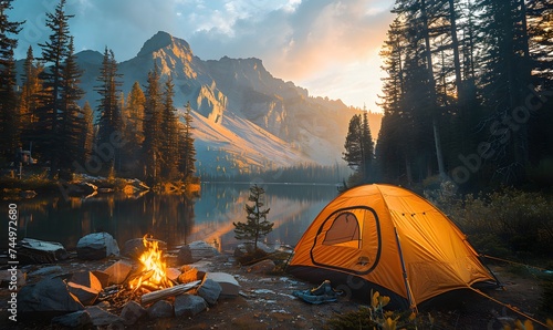 A picturesque camping site in nature with tents and campfire, forest, lake, mountain, generated by AI #744972680