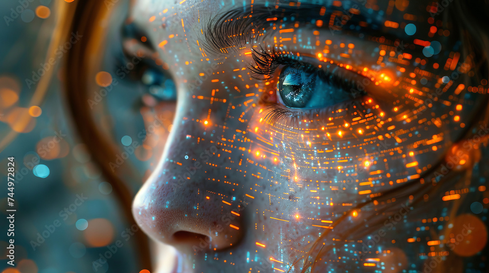 Close-up of woman digital eye with dot network flying through 3D rendering Close-up of woman digital eye with dot network flying through 3D rendering