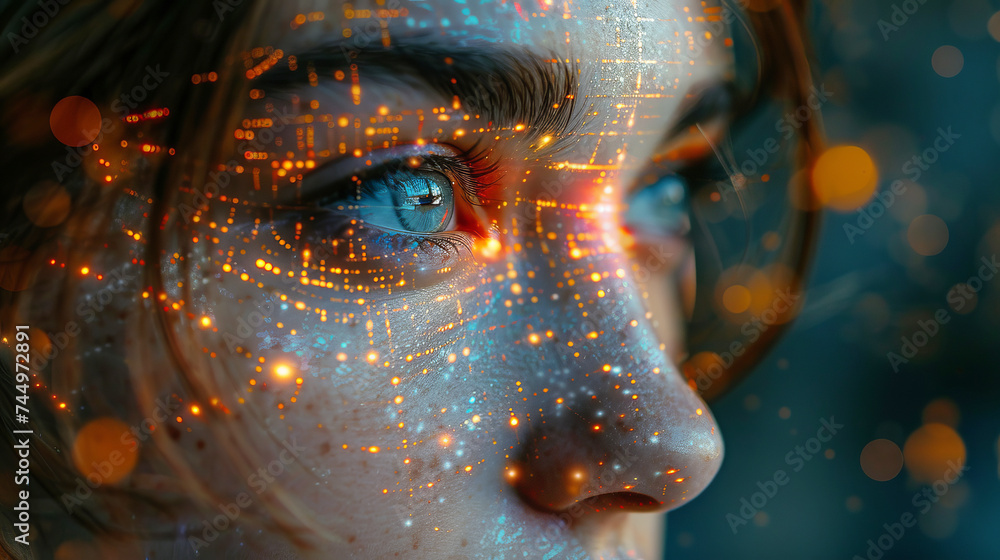 Close-up of woman digital eye with dot network flying through 3D rendering