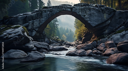 Find an image of stones forming a natural bridge over a mountain stream. photo
