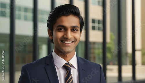 25 year old Indian man wearing a navy blue suit and tie smiling with blur background of a building with glass windows