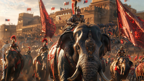 Roman elite military with war elephants marching off to war