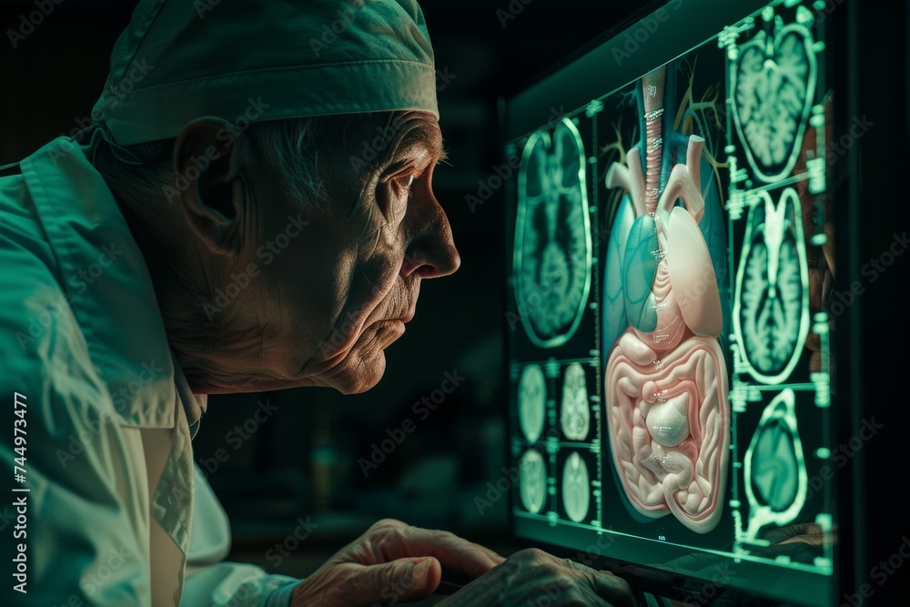 Clinician reviewing anatomical images on innovative monitor Clinician reviewing anatomical images on innovative monitor