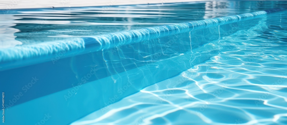 Closeup of stairs with blue swimming pool