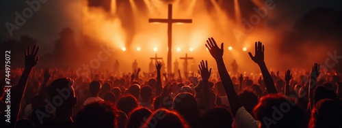 Happy Easter concept. Christian worship with raised hand in front of the cross background.  photo