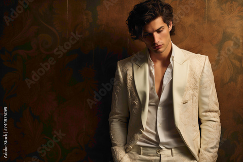 The male model, with a debonair demeanor, straightens his jacket while standing against a luxurious cream wall, exuding confidence and refinement.