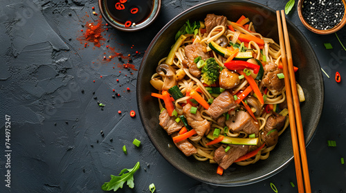 Traditional Asian food.Lunch stirfry rice noodles on dark background, copy space, generative ai photo