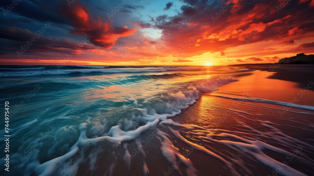 beauty tranquil copy space on the beach, captivated by the intense and dramatic hues of a fiery sunset, portraying the breathtaking beauty of the coastal landscape beauty tranquil copy space on the beach, captivated by the intense and dramatic hues of a fiery sunset, portraying the breathtaking beauty of the coastal landscape
