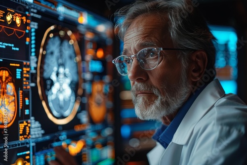 Radiologist interpreting internal organ visuals on high-tech screen