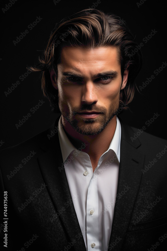 With a captivating gaze, the male model in stylish business attire stands tall against a solid background, his perfect hairstyle adding to his allure.