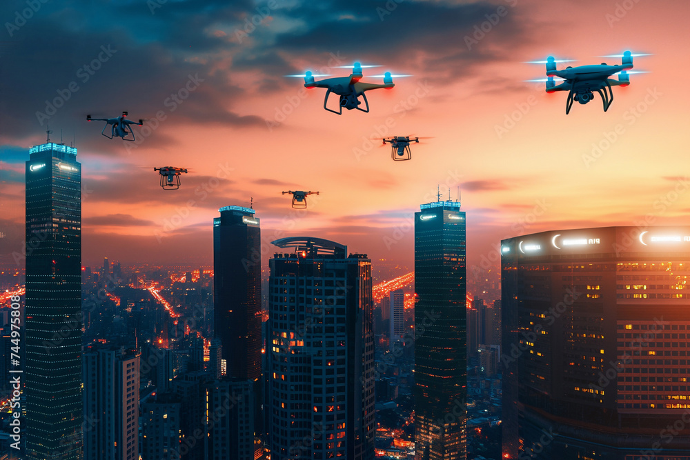 Futuristic cityscape aglow, drones patrol the night, science fiction Futuristic cityscape aglow, drones patrol the night, science fiction
