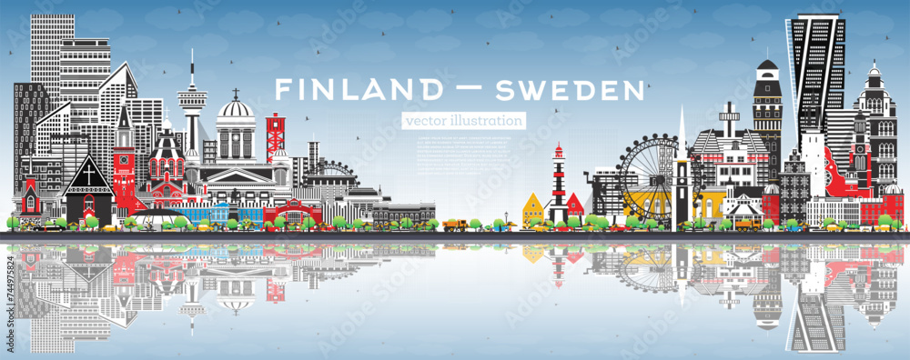 Obraz premium Finland and Sweden skyline with gray buildings, blue sky and reflections. Famous landmarks. Sweden and Finland concept. Diplomatic relations between countries.