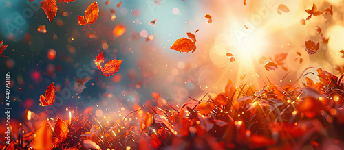 Autumn leaves falling with sunlight natural background generated by ai