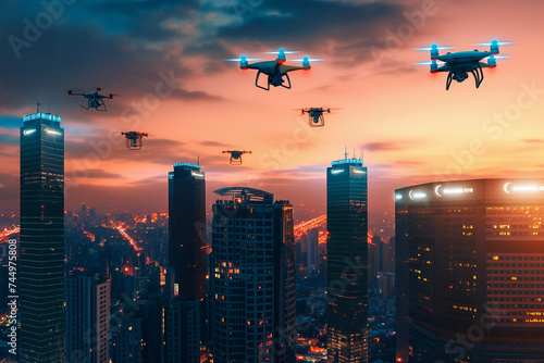 Futuristic cityscape aglow, drones patrol the night, science fiction