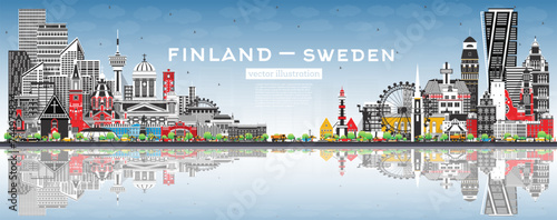Finland and Sweden skyline with gray buildings, blue sky and reflections. Famous landmarks. Sweden and Finland concept. Diplomatic relations between countries. photo
