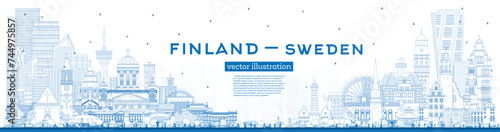 Outline Finland and Sweden skyline with blue buildings. Famous landmarks. Sweden and Finland concept. Diplomatic relations between countries.
