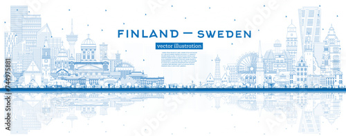 Outline Finland and Sweden skyline with blue buildings and reflections. Famous landmarks. Sweden and Finland concept. Diplomatic relations between countries.