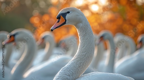Fototapeta Naklejka Na Ścianę i Meble -  a crowd of beautiful white swans in the garden behind the house