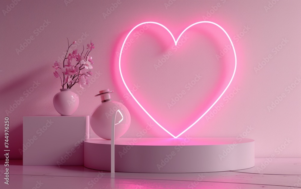 Round ceramic pink podium pedestal with heart-shaped pink light and bottle perfume, a pink flower pot. 3D mockup platform for product