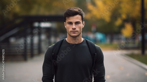 Portrait of a handsome young Man, a model wearing casual black clothes, looking at a camera in a park.