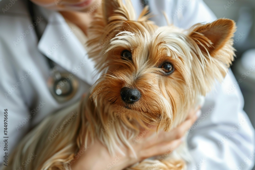 Cropped animal doctor holds by hands a Yorkshire Terrier dog in a vet clinic. Close up of pet in a clinic. Pet heath care and veterinary concept.
Cropped animal doctor holds by hands a Yorkshire Terrier dog in a vet clinic. Close up of pet in a clinic. Pet heath care and veterinary concept.