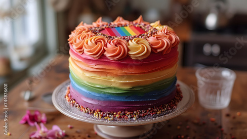 rainbow LGBT flag colored cake on kitchen table