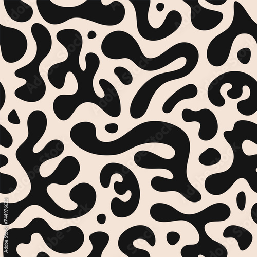 Abstract seamless pattern with liquid organic shapes. Black wavy bubbles and drops in trendy y2k style. Vector illustration