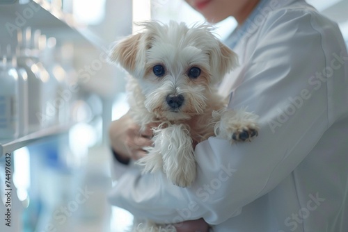 Vet holds a white Maltese dog in a vet clinic. Close up of pet in a clinic. Pet heath care and veterinary concept. 