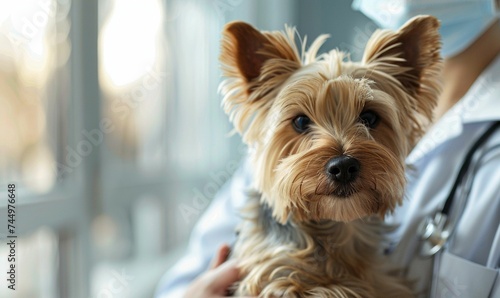 Vet holds a Yorkshire Terrier dog in a vet clinic. Close up of pet in a clinic. Pet heath care and veterinary concept. 